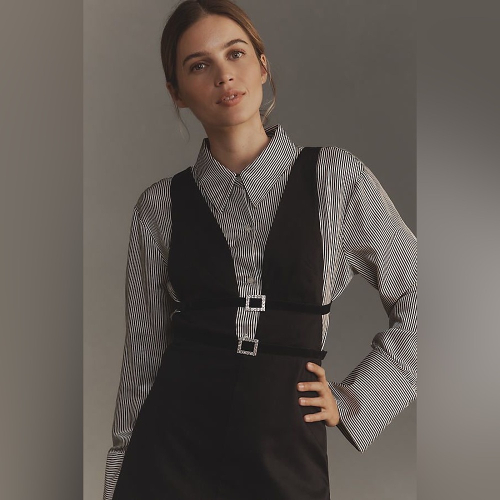 Anthropologie Maeve Glam Buckle Pinafore Mini Dress - Picture 2 of 16